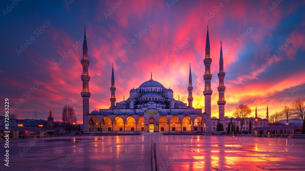 Obraz premium Sunset illuminates the renowned Blue Mosque, its vibrant facade casting a picturesque glow against the twilight sky in Istanbul, Turkey.