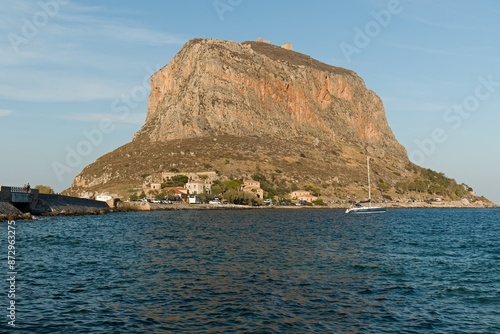 View of Monemvasia island and Myrtoan sea from Gefyra town. Peloponnese. Laconia. Greece.  photo