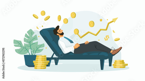 Passive income and market investing flat vector illustration. Investor man relax in chair and get money profits, stock dividends. Remote freelance work or trading online. Financial freedom concept.