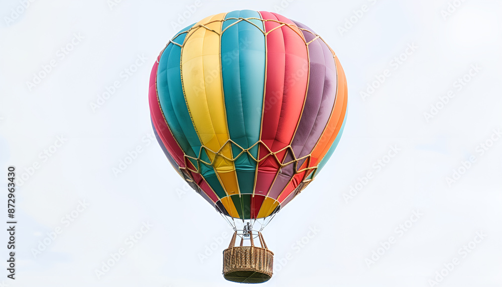 Fototapeta premium Bright hot-air balloon with wicker basket on white background