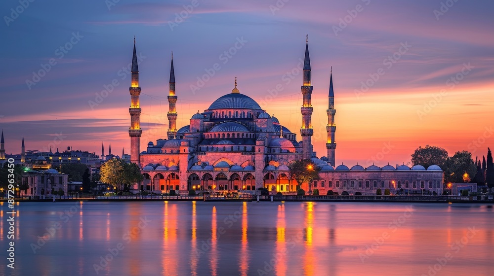 Obraz premium Sunset illuminates the renowned Blue Mosque, its vibrant facade casting a picturesque glow against the twilight sky in Istanbul, Turkey.