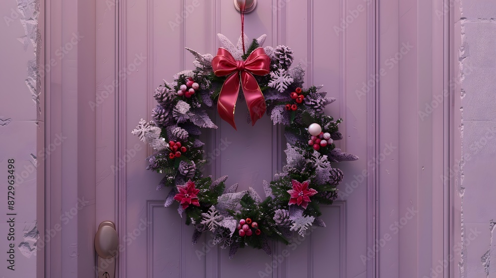 3D render of A festive holiday wreath hanging on a door on a pastel lavender background. very detailed