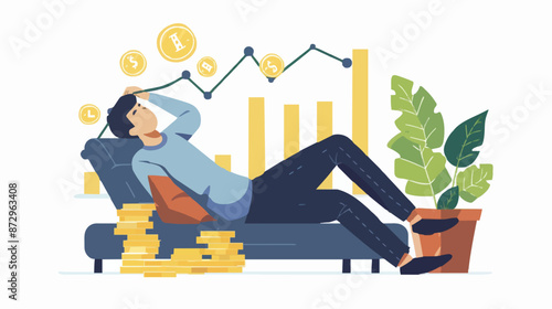 Passive income and market investing flat vector illustration. Investor man relax in chair and get money profits, stock dividends. Remote freelance work or trading online. Financial freedom concept.