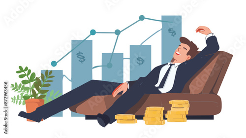 Passive income and market investing flat vector illustration. Investor man relax in chair and get money profits, stock dividends. Remote freelance work or trading online. Financial freedom concept.