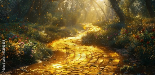 A Winding Golden Path Through a Sunlit Forest