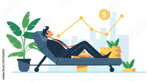 Passive income and market investing flat vector illustration. Investor man relax in chair and get money profits, stock dividends. Remote freelance work or trading online. Financial freedom concept.