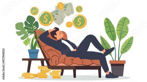 Passive income and market investing flat vector illustration. Investor man relax in chair and get money profits, stock dividends. Remote freelance work or trading online. Financial freedom concept.
