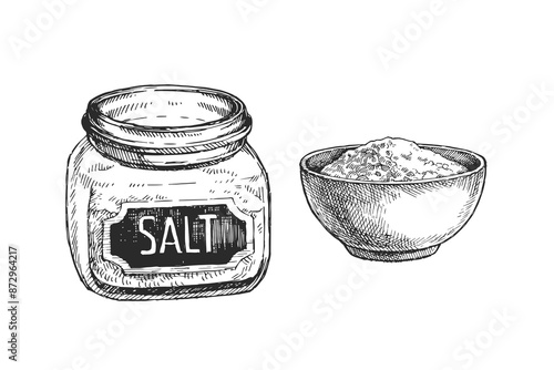 Vector hand-drawn illustration of salt in a glass jar and in bowl isolated on white. Sketch of home spices in engraving style.