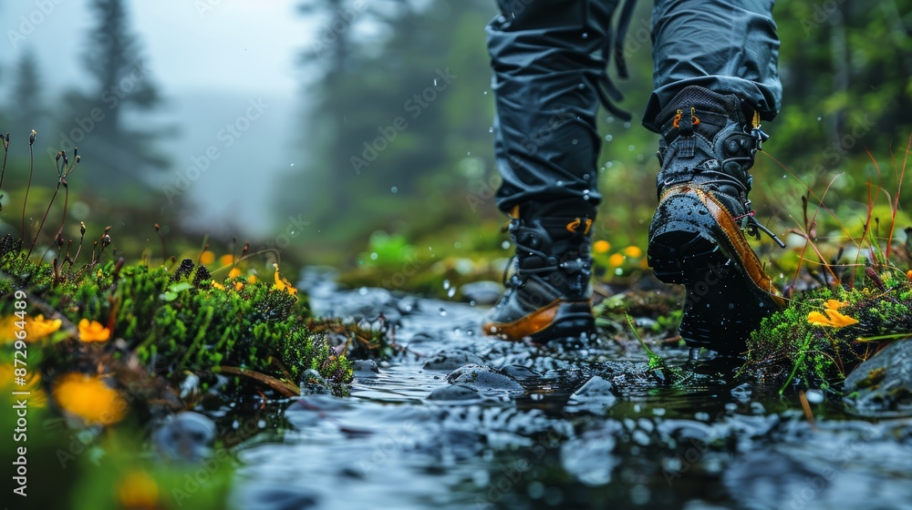 A mesmerizing close-up shot of a hiker's feet donning waterproof boots, stepping into a mountain stream amid lush greenery and vibrant wildflowers during a misty morning hike A mesmerizing close-up shot of a hiker's feet donning waterproof boots, stepping into a mountain stream amid lush greenery and vibrant wildflowers during a misty morning hike