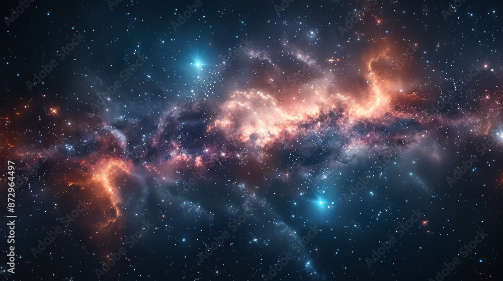 Fototapeta premium A spectacular view of a colorful interstellar nebula with bright stars scattered across the dark cosmic background, depicting the vastness and beauty of outer space