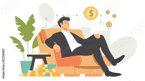 Passive income and market investing flat vector illustration. Investor man relax in chair and get money profits, stock dividends. Remote freelance work or trading online. Financial freedom concept.