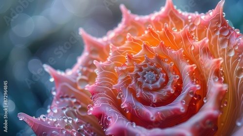 A close-up of a mesmerizing pink and orange flower, intricately detailed with petals, adorned with glistening water droplets, displaying the natural beauty and vivid colors in a serene and tranquil
