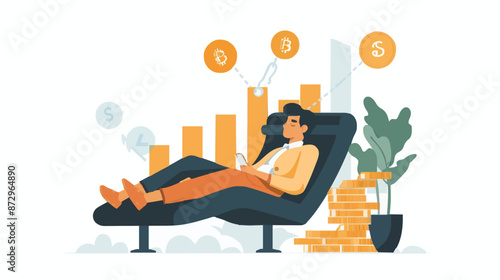 Passive income and market investing flat vector illustration. Investor man relax in chair and get money profits, stock dividends. Remote freelance work or trading online. Financial freedom concept.