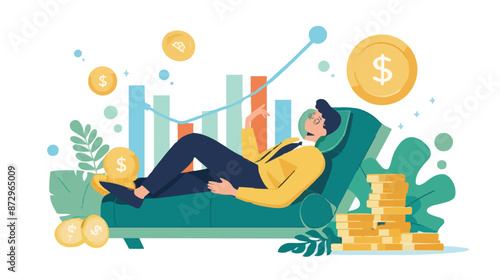 Passive income and market investing flat vector illustration. Investor man relax in chair and get money profits, stock dividends. Remote freelance work or trading online. Financial freedom concept.