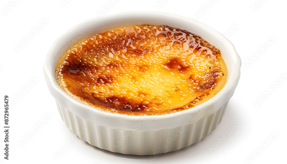 Delicious creme brulee in ceramic ramekin isolated on white Delicious creme brulee in ceramic ramekin isolated on white