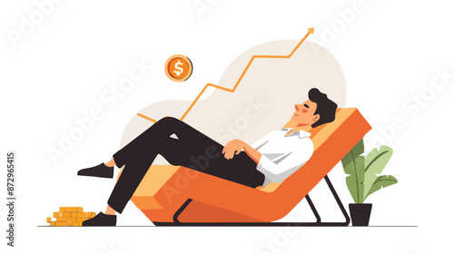 Passive income and market investing flat vector illustration. Investor man relax in chair and get money profits, stock dividends. Remote freelance work or trading online. Financial freedom concept.
