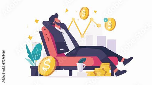 Passive income and market investing flat vector illustration. Investor man relax in chair and get money profits, stock dividends. Remote freelance work or trading online. Financial freedom concept.