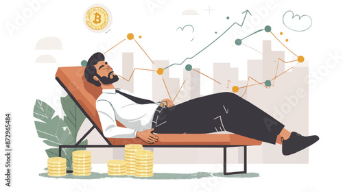 Passive income and market investing flat vector illustration. Investor man relax in chair and get money profits, stock dividends. Remote freelance work or trading online. Financial freedom concept.