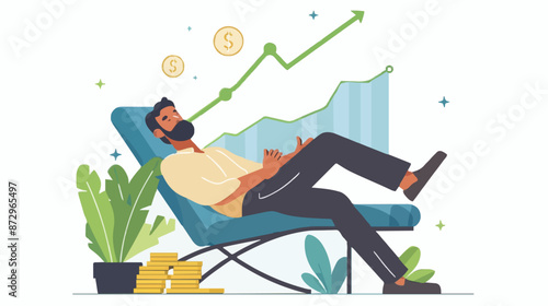 Passive income and market investing flat vector illustration. Investor man relax in chair and get money profits, stock dividends. Remote freelance work or trading online. Financial freedom concept.