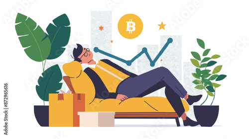 Passive income and market investing flat vector illustration. Investor man relax in chair and get money profits, stock dividends. Remote freelance work or trading online. Financial freedom concept.