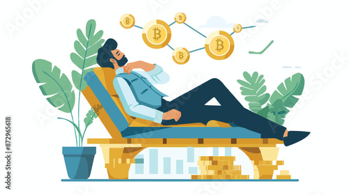 Passive income and market investing flat vector illustration. Investor man relax in chair and get money profits, stock dividends. Remote freelance work or trading online. Financial freedom concept.