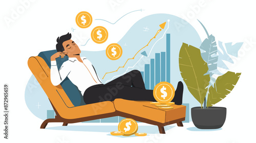 Passive income and market investing flat vector illustration. Investor man relax in chair and get money profits, stock dividends. Remote freelance work or trading online. Financial freedom concept.