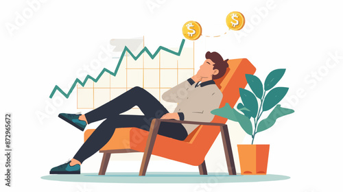 Passive income and market investing flat vector illustration. Investor man relax in chair and get money profits, stock dividends. Remote freelance work or trading online. Financial freedom concept.
