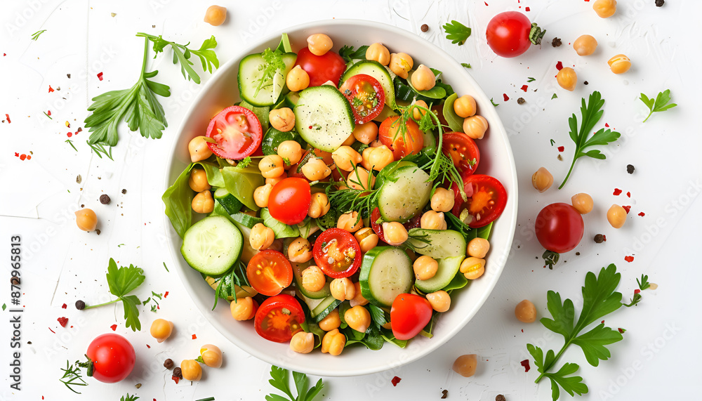 Tasty salad with chickpeas, cherry tomatoes and cucumbers isolated on white, top view Tasty salad with chickpeas, cherry tomatoes and cucumbers isolated on white, top view