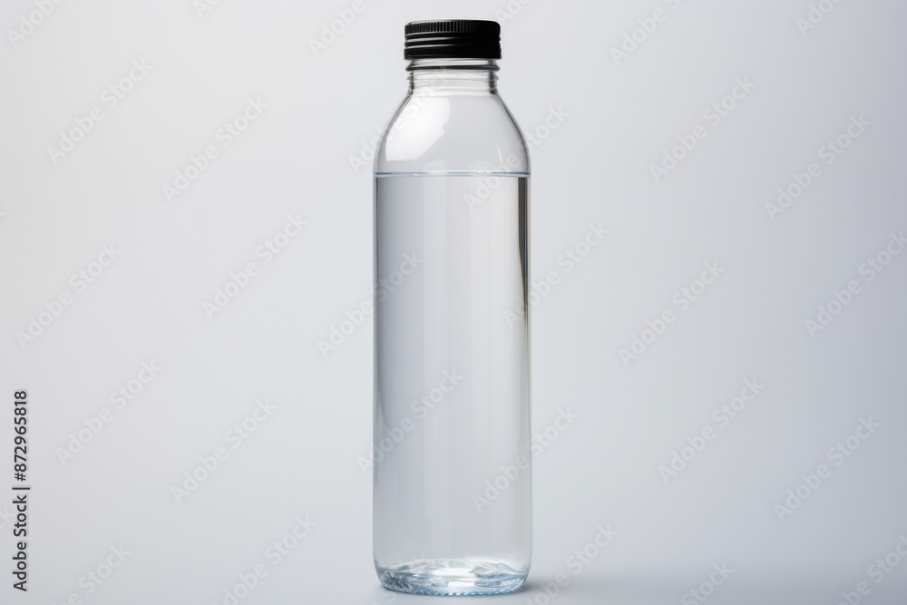 A Clear Glass Bottle with Black Lid on a White Background A Clear Glass Bottle with Black Lid on a White Background