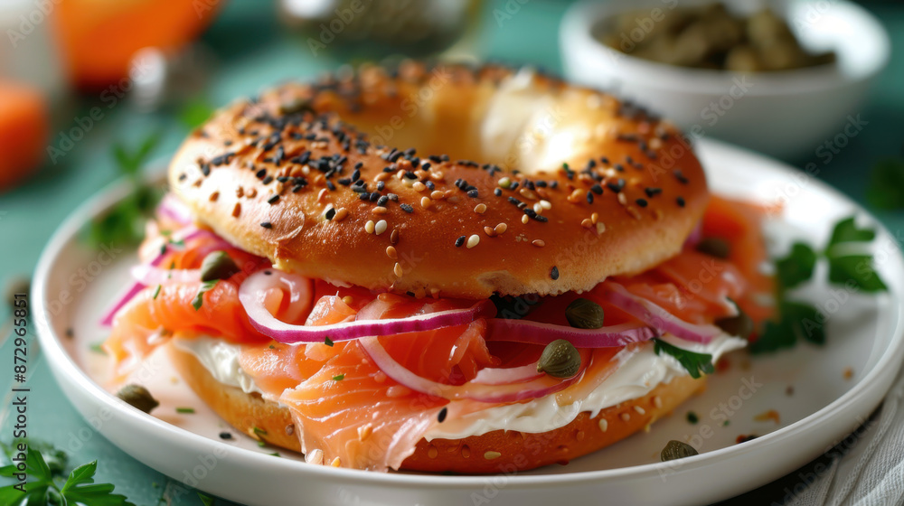 Close-up of a fresh bagel sandwich with smoked salmon, cream cheese, red onions, capers, and sesame seeds Close-up of a fresh bagel sandwich with smoked salmon, cream cheese, red onions, capers, and sesame seeds