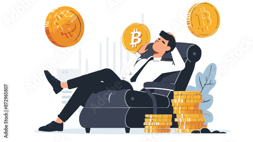 Passive income and market investing flat vector illustration. Investor man relax in chair and get money profits, stock dividends. Remote freelance work or trading online. Financial freedom concept.