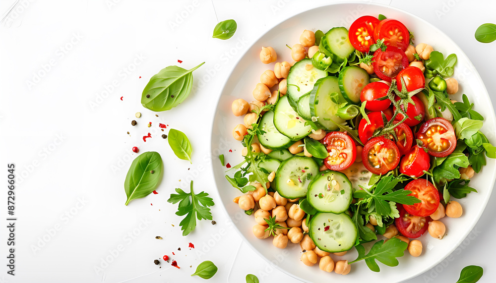 Tasty salad with chickpeas, cherry tomatoes and cucumbers isolated on white, top view Tasty salad with chickpeas, cherry tomatoes and cucumbers isolated on white, top view