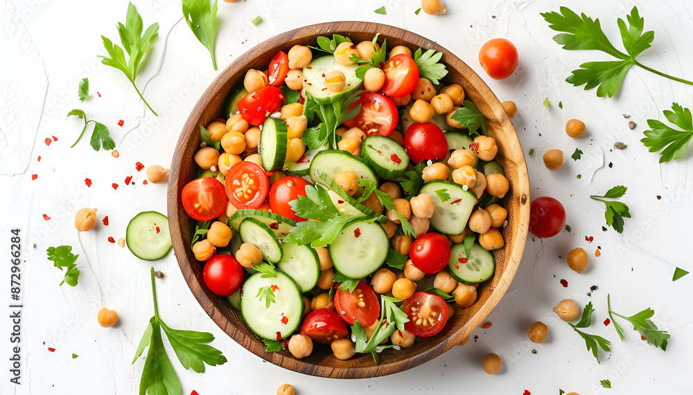 Tasty salad with chickpeas, cherry tomatoes and cucumbers isolated on white, top view Tasty salad with chickpeas, cherry tomatoes and cucumbers isolated on white, top view