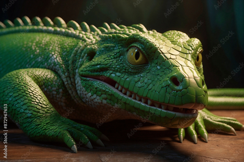 Obraz premium Green Reptil on Solid Color Background Minimal Digital Art 