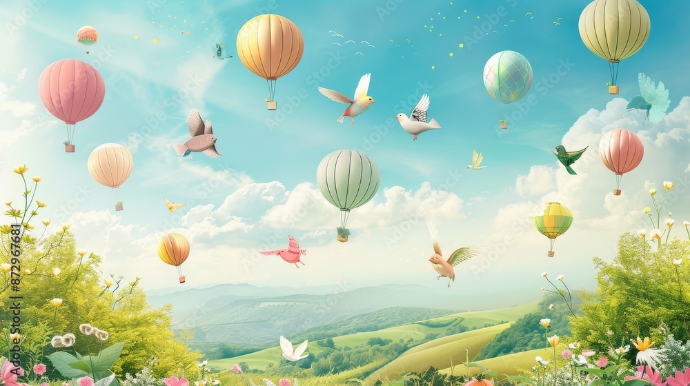 Fototapeta premium Whimsical children's picture of animals and birds floating on balloons against a backdrop of nature, perfect for creating custom digital printing wallpaper.
