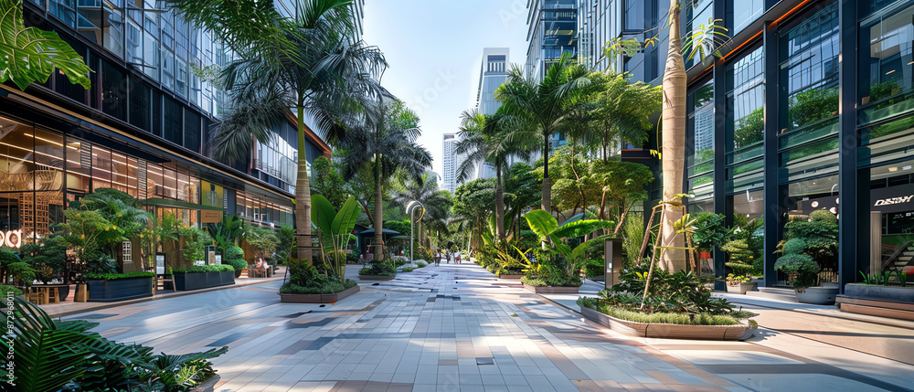Naklejka premium A modern pedestrian walkway lined with palm trees and lush greenery between two office buildings.