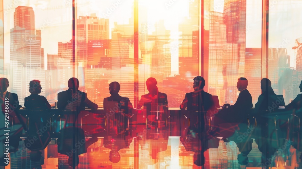 Double exposure of diverse business professionals in a conference group meeting, with a city office building in the background, symbolizing partnership success, teamwork, trust, and collaboration in c Double exposure of diverse business professionals in a conference group meeting, with a city office building in the background, symbolizing partnership success, teamwork, trust, and collaboration in c