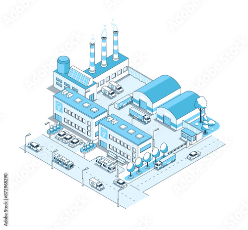 Factory and production warehouses - vector isometric illustration. Industrial area of the city, electricity, manufacturing, logistics and loading of goods, trucks and highways and city traffic
