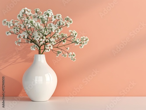 Minimalistic design white vase with small flowers, peach wall background, modern living room feel.