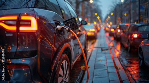 Wallpaper Mural Electric vehicle charging on a busy urban street during evening rush hour, showcasing modern city life and advancements in sustainable transportation technology Torontodigital.ca