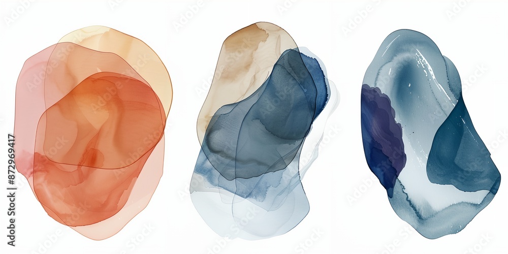 Naklejka premium Three abstract paintings with different colors and shapes. The paintings are blue, red, and yellow. The blue painting is the largest and has a lot of detail