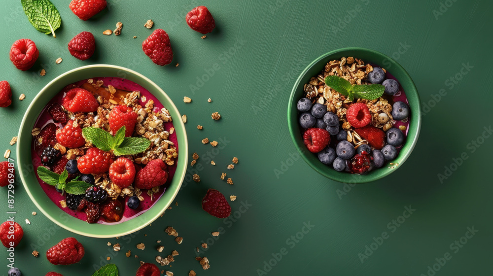 Two acai bowls with granola, fresh berries, and mint on green background, garnished with raspberries and oats Two acai bowls with granola, fresh berries, and mint on green background, garnished with raspberries and oats