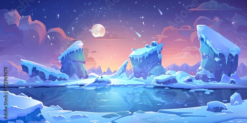 A beautiful  serene  and peaceful scene of a frozen landscape with a large body of water and a full moon in the sky