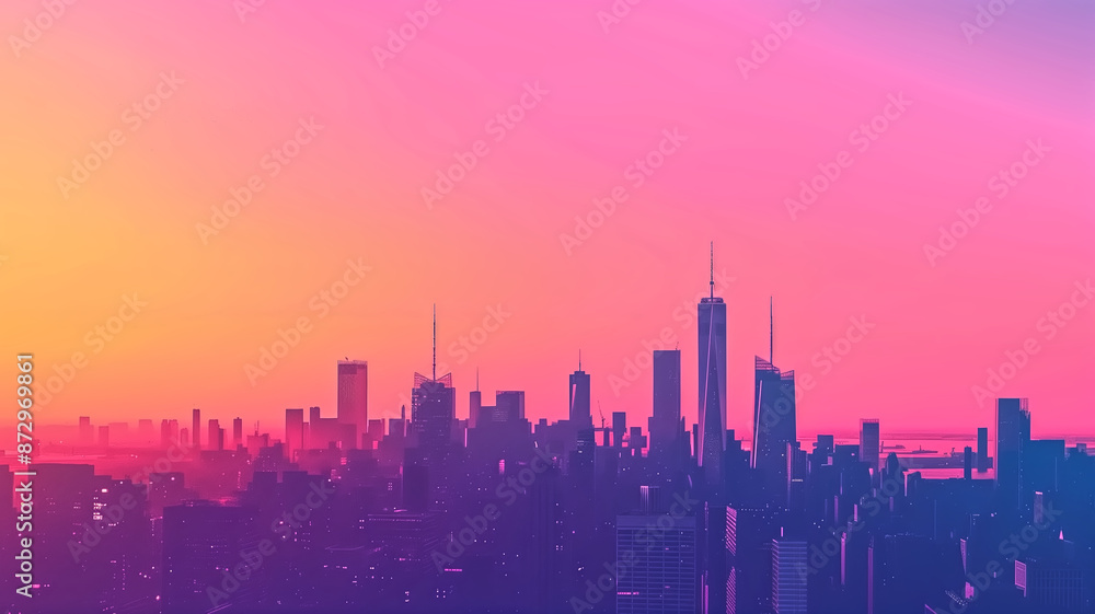Vibrant City Skyline at Sunset with Colorful Gradient Sky and Silhouetted Skyscrapers Vibrant City Skyline at Sunset with Colorful Gradient Sky and Silhouetted Skyscrapers