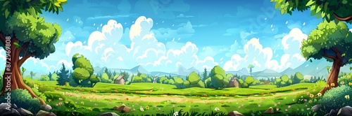 A computer generated image of a lush green field with a clear blue sky. The sky is dotted with clouds, and there are two trees in the foreground. Scene is peaceful and serene, with the vast open space