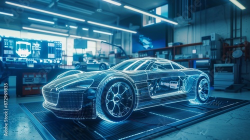 car of the future concept, virtual hologram of a car at a car factory, sketch of a future project, preparation for production