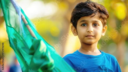 Boy in blue shirt holding green flag photography