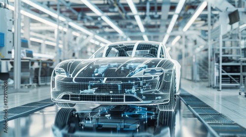 car of the future concept, 	virtual hologram of a car at a car factory, sketch of a future project, preparation for production