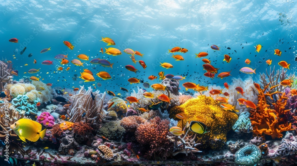 Naklejka premium School of fish underwater in the coral reef swimming amidst coral reefs, showcasing the vibrant underwater world of summer vacations isolated on solid white background 