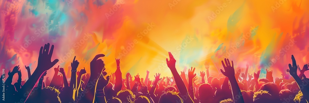 A crowd of people are gathered together in a colorful, vibrant setting. The atmosphere is lively and energetic, with everyone participating in the celebration. Concept of unity and joy A crowd of people are gathered together in a colorful, vibrant setting. The atmosphere is lively and energetic, with everyone participating in the celebration. Concept of unity and joy